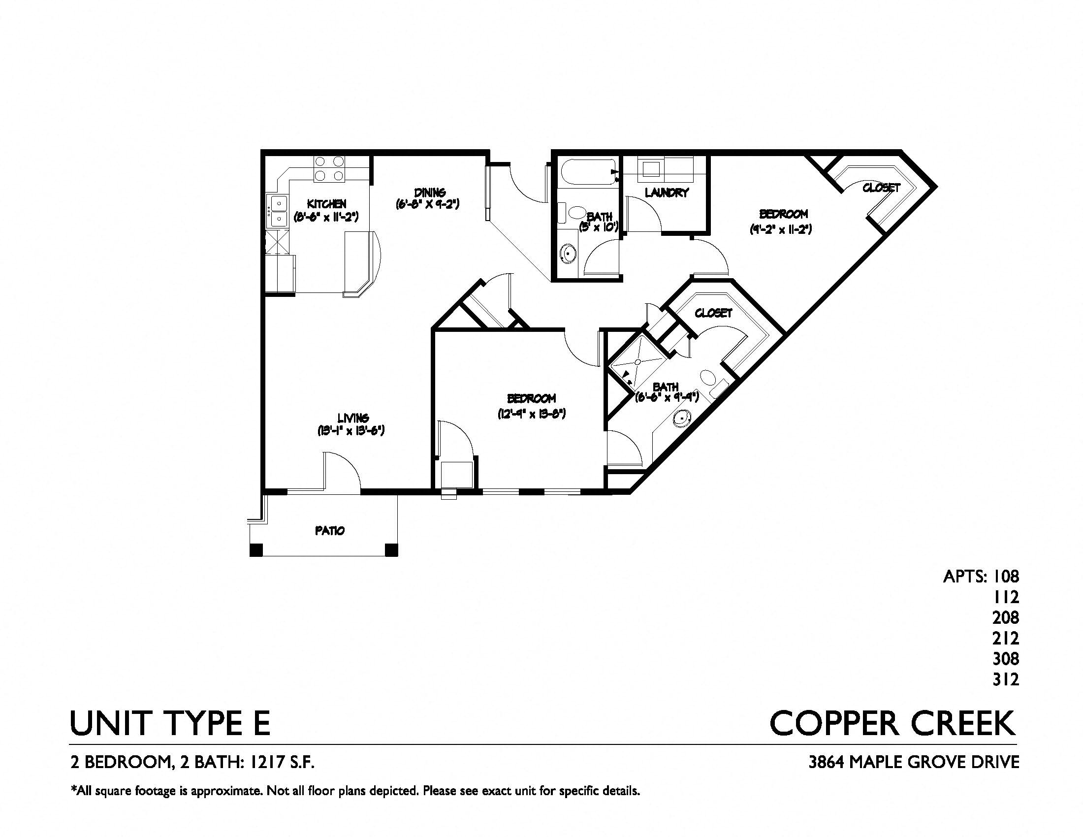 Floor plan for 2 beds, 2 baths, 1217 sqft